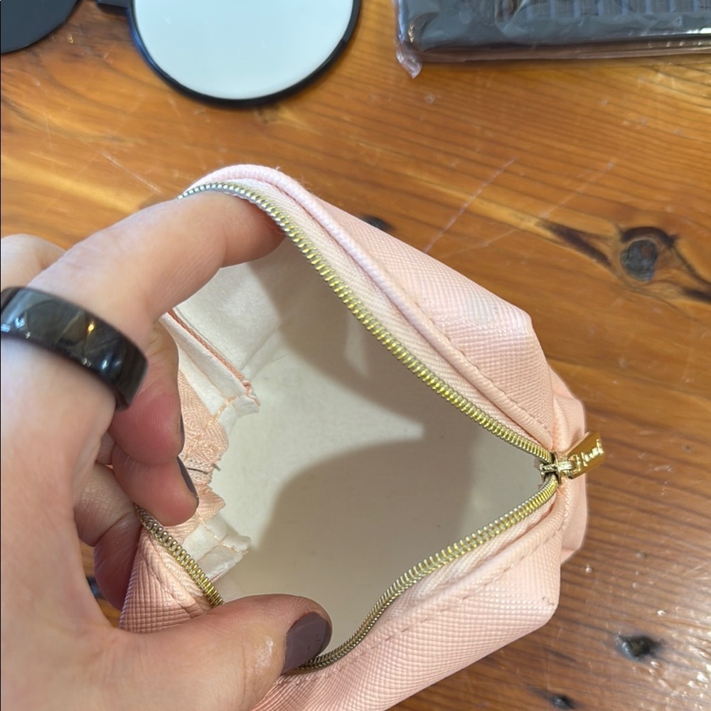Light Pink Cosmetic Bag with Gold Bridesmaid Text and wedding day essentials - Picture 6 of 8
